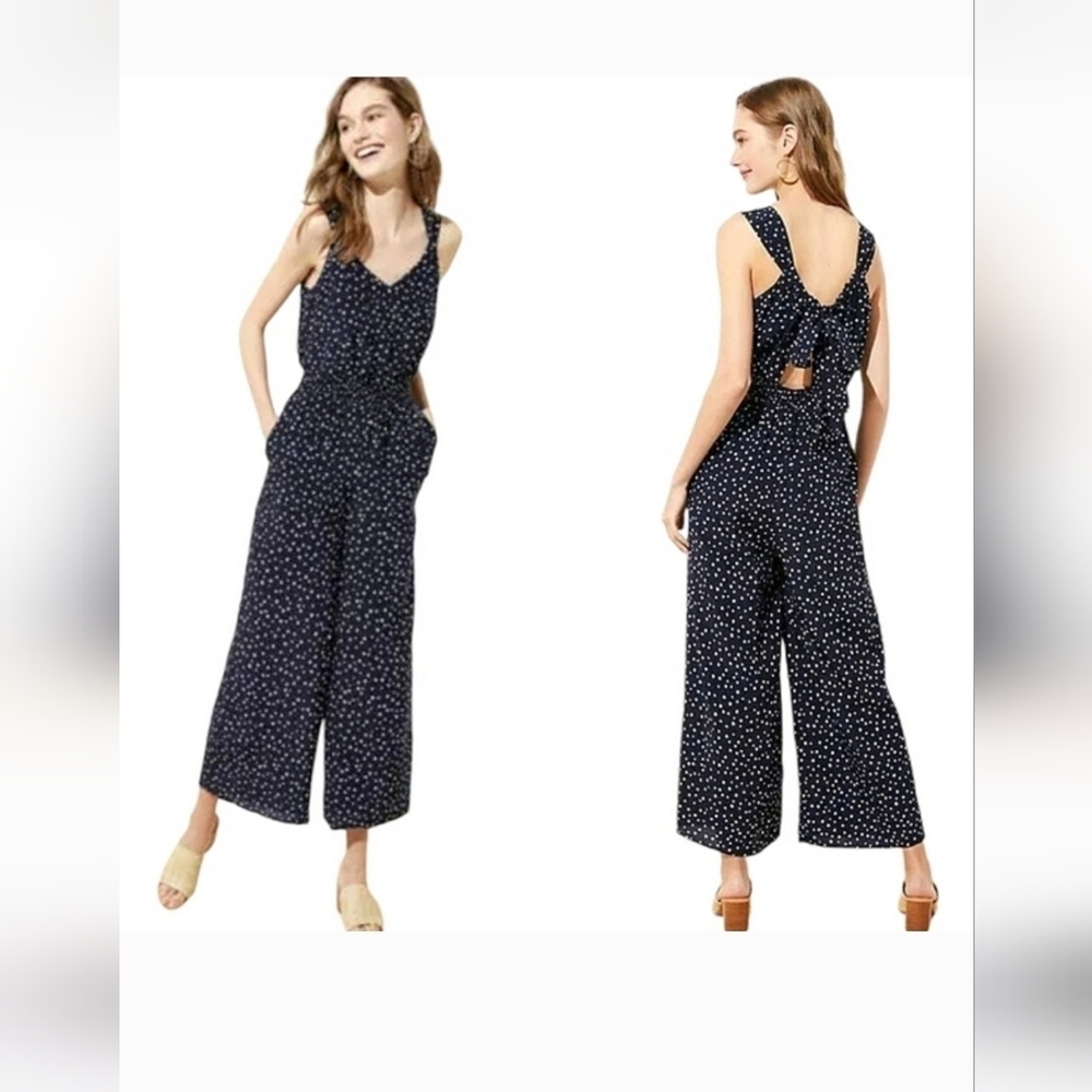 LOFT Women's Smocked Waist Navy Polk Dot Jumpsuit Size 10